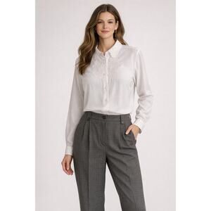 Sz 12  Outfit White Embroidered Blouse KB Lawrence Gray Plaid Pants Counterparts